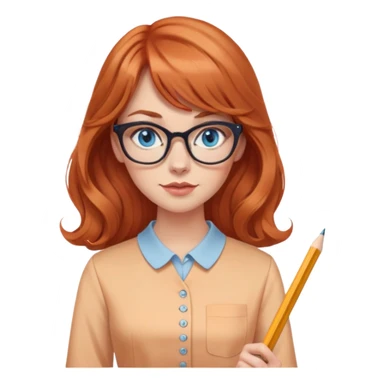 redheaded woman with long wavy hair and bangs, blue eyes, cat-eye glasses, pencil skirt, apricot blouse, holding a pencil sticker