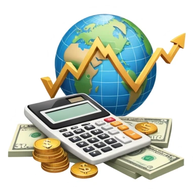 An icon featuring a calculator, a dollar sign, and a chart with upward trends, symbolizing economics. The design includes coins, bills, and a globe, representing global trade and financial systems. Transparent background highlights the study of markets, supply, and demand. sticker