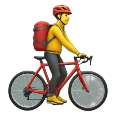 Homme en tenue jaune qui fait de la livraison à vélo avec un sac rouge cubique sticker
