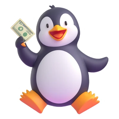 a dancing penguin holding money, 3D emoji style sticker