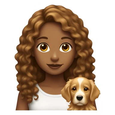 Tan skinned girl with  long brown curly hair with a golden retriever puppy sticker