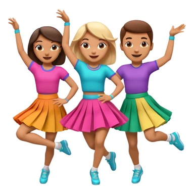 Three 3D cartoon dancers in colorful skirts kicking in rhythm, cheerful pose, bright studio background, Memoji-style. sticker