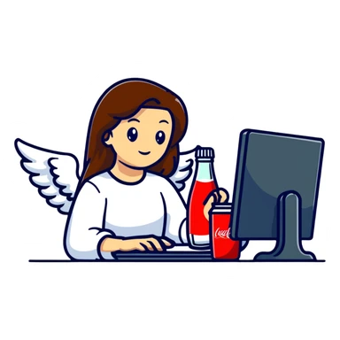 Female angel with long brown hair working at a computer with a Coke  sticker