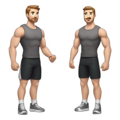 Close up Actively gesturing  with hands Pale skinned Fit Man With the biceps and brown hair in dark gray Sleeveless Mike, black oversize sports shorts, watch and white Sneakers sticker