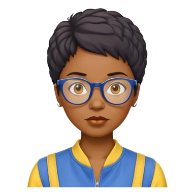 stern Black woman with short textured hair, glasses, wearing blue and yellow jumpsuit, front-facing sticker