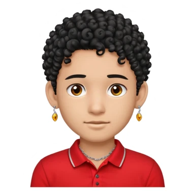 teen boy, indian, black curly hair, undercut hairstyle, silver earring in one ear, red polo shirt, silver chain sticker