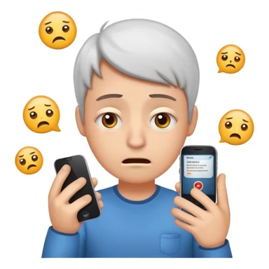 Same emoji avatar, overwhelmed expression, tired eyes, slightly stressed face, holding a smartphone with notifications piling up sticker