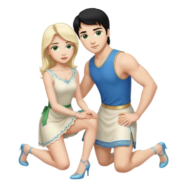 prince, upright, black Hair, blue eyes, Woman, blonde Hair, Green eyes, bending knee, sleveless White Dress, sticker