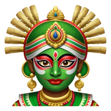 Kathakali dancer with elaborate headgear, green face paint, traditional costume sticker
