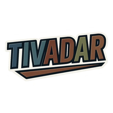 Tivadar name in masculine, modern, gradient font with precise Hungarian characters, dark outline, extra thick, prominent white border as in reference images, dynamic slanted underline, masculine color shades (blue, gray, burgundy, green, brown), 1000x1000 px, PNG, transparent background sticker