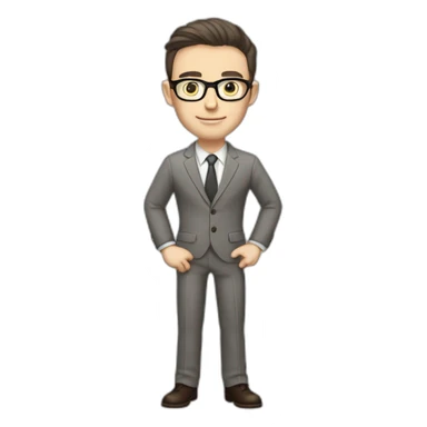 Full height Pale skinned Fit Man With dark brown hair in classic gray suit, beige office shirt, dark gray tie, and vintage glasses. Thrumbs of his palms directed up sticker