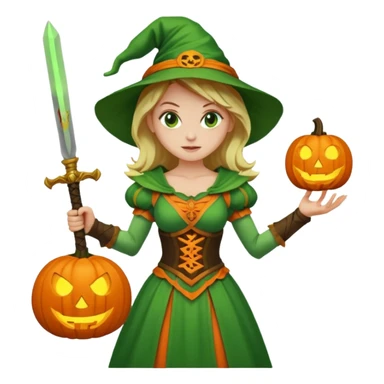 Woman Hunter With Jack o Lantern, wearing green costume, with sword sticker