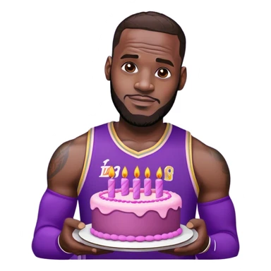 Lebron James wearing his purple jersey holding a pink pretty birthday cake sticker