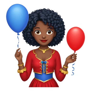 woman with curly black hair and dark face red costume, holding blue balloon sticker