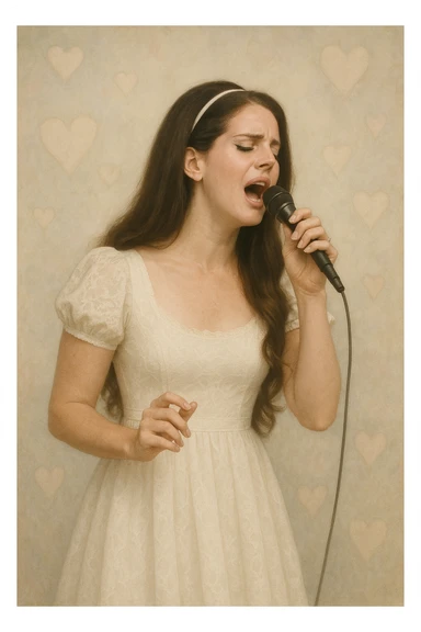 Lana Del Rey in a white dress, mid-performance, singing passionately into a microphone, subtle heart-shaped motifs in the background, ethereal and vintage style, gentle color palette sticker