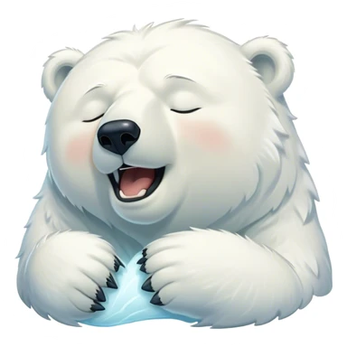 Cinematic Cute Yawning Polar Bear Portrait Emoji, Head tilted slightly with a dramatic, wide-open yawn, showcasing luxuriously thick fur and sleepy, half-closed eyes radiating drowsy contentment, Simplified yet irresistibly adorable features, highly detailed, glowing with a soft, cozy polar light, high shine, relaxed yet expressive, stylized with a dash of whimsical arctic charm, soft glowing outline, capturing the essence of a drowsy yet affectionate guardian that seems ready to stretch out for a nap! sticker