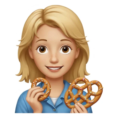 Short, center part, Dirty blond hair, fair skin with freckles,  holding pretzels and closing one eye sticker