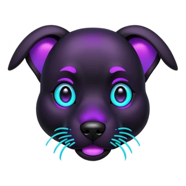 futuristic glowing black dog emoji, neon cyan eyes, purple #8B5CF6 highlights, tech minimal style, dark background sticker