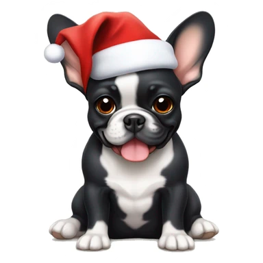A small, black-and-tan French bulldog with a mostly black face and tan paws, wearing a classic red and white Santa hat, sitting happily with its tongue slightly out. sticker