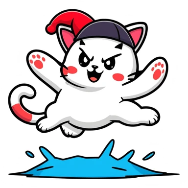 angry cat with a hat jumping into a lake sticker
