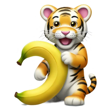 Happy tiger eating a banana with hello kitty sticker