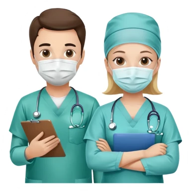 Doctor with surgical mask and scrubs next to another doctor with clipboard sticker