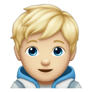 Baby boy with blond hair and blue eyes and a fox plush sticker