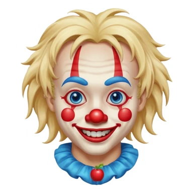 creepy clown boy with messy very long long blonde hair, blue eyes, make it more like an apple emoji sticker
