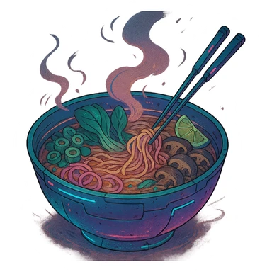 cyberpunk futuristic, scifi, a bowl of delicious VEGAN pho, ramen, piping hot sticker