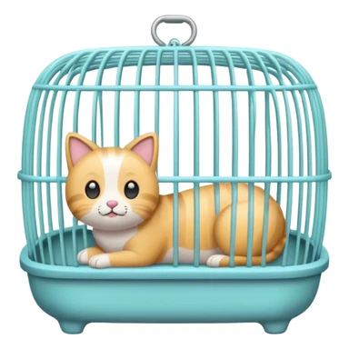 A cute emoji-style empty pet cage — cartoon look, rounded design, pastel colors, with vertical bars and a small handle on top. The cage is completely empty inside. No animals, no cats, no creatures — just the cage sticker