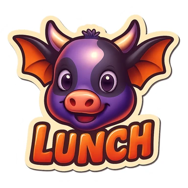 Add the word 'lunch' in bold, playful text near the cow-bat hybrid emoji. Keep the same style and colors as the reference image. Ensure high visibility suitable for Discord and Slack. No background (transparent). sticker