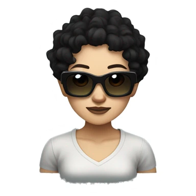 an asian woman with curly dark hair with creeper minecraft sunglasses and nose piercing in black t-shirt sticker
