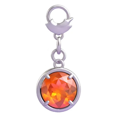 extreme close-up of a round cut pink fire opal charm with intense iridescent pink and orange colors, silver setting and silver jump ring sticker