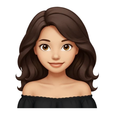 modern clean emoji of a young woman with medium skin tone, long wavy dark brown hair, wearing a black off-shoulder top, soft friendly smile, expressive eyes, warm charming style, relaxed confident vibe, neutral light color or soft gradient background sticker