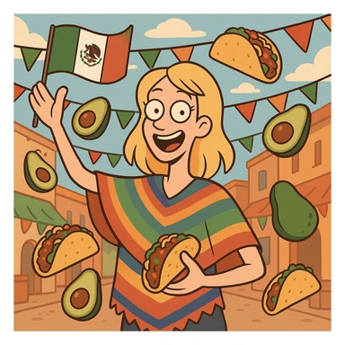 playful cartoon of a tall blonde woman wearing a colorful poncho, smiling, holding a taco and an avocado, waving a Mexico flag, surrounded by tacos and avocados, street party scene sticker