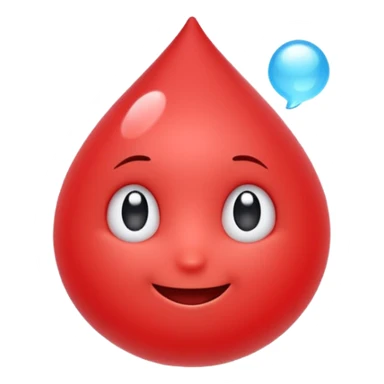 Cute red emoji character shaped like a droplet or jelly bean, with expressive eyes and a clever smile. Holding a small compressed bubble of content, like a tiny scroll or speech balloon. Symbolizes fast, smart summarization. Friendly and modern look, minimal lines, clean white background. sticker