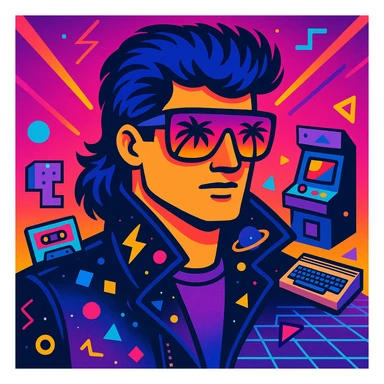 retro-futuristic 80s male portrait with classic mullet hairstyle with neon blue highlights, face half-hidden by bright airbrushed sunglasses with pink to purple gradient reflecting palms and sunset, leather jacket with raised collar airbrushed with lightning and cosmic motifs, Memphis Design geometry, energetic neon gradient background with perspective grid, laser beams, details like cassettes, arcade games, Commodore 64, electric blue, fuchsia, turquoise, ultraviolet colors sticker