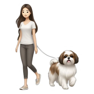 a asian girl with long brown hair walking with a white and brown shih tzu sticker