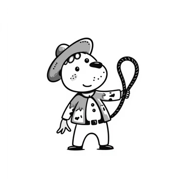 A hand-drawn plush baby cowboy toy with a lasso and cute freckles sticker