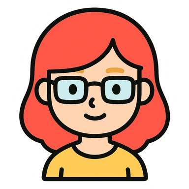 A red-haired girl with blond eyebrows and square glasses sticker