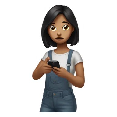 A girl with a sad face and dark hair holds a phone in her hand and presses it with her finger  sticker