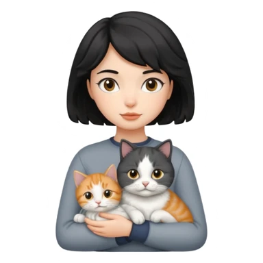 wavy black haired girl with a short haitcut holding a british cat sticker