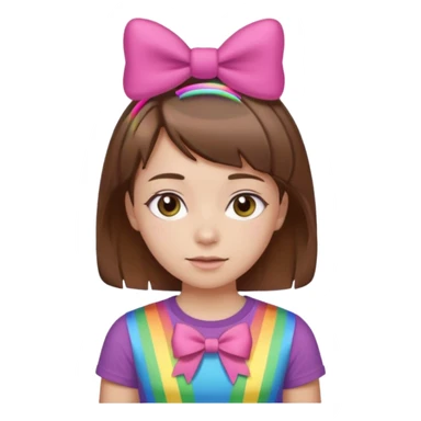 girl with short brown hair wearing a rainbow t-shirt with pink bows in her hair sticker