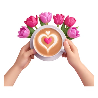 coffee cup with heart latte art, held by hands, pink tulip flowers arranged behind, soft pink watercolor background sticker