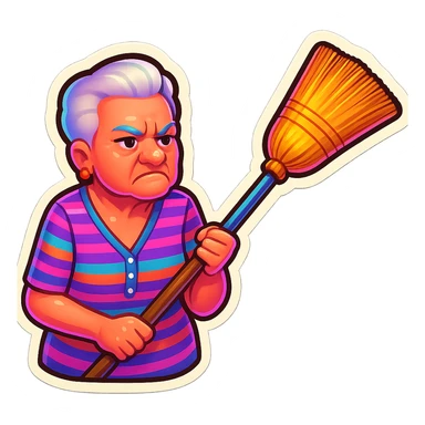 Transform this photo of an elderly woman holding a broom into a playful and vibrant Genmoji style portrait, emphasizing her expressive face and the broom with a colorful and lively emoji look. sticker
