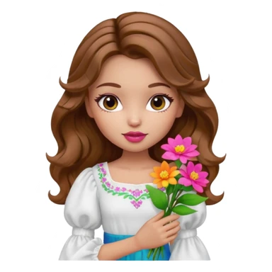 generate a pretty bratz girl with in a white puff sleeve top.  light lipgloss on . Brown wavy hair long. carrying flowers  sticker