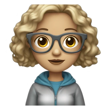 dark-blonde girl with bob wavy hair and blue eyes in glasses silver color glasses holding laptop light skin sticker