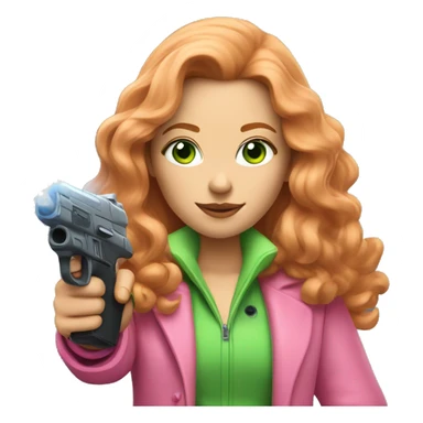 Women with reddish blonde long hair with light green eyes and a pink fluffy coat pointing a laser gun sticker