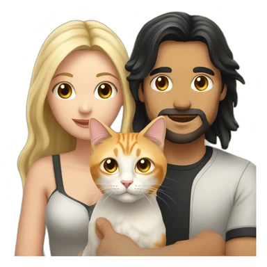 A couple consisting in a white man with long black hair and a blonde white woman holding an orange-white cat with long hair sticker