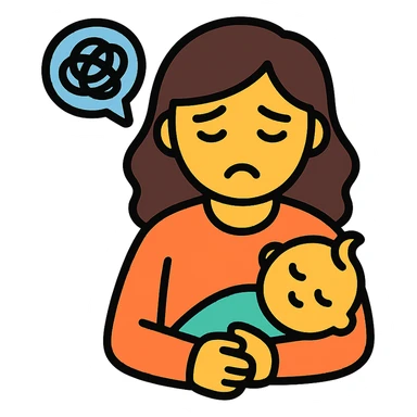 a tired woman holding a baby, modern flat icon style sticker